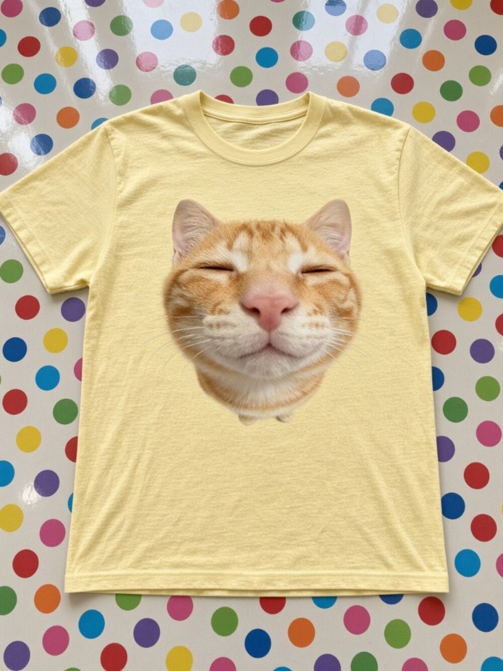 Yellow Orange Cat Face Tee Gildan Cotton Women